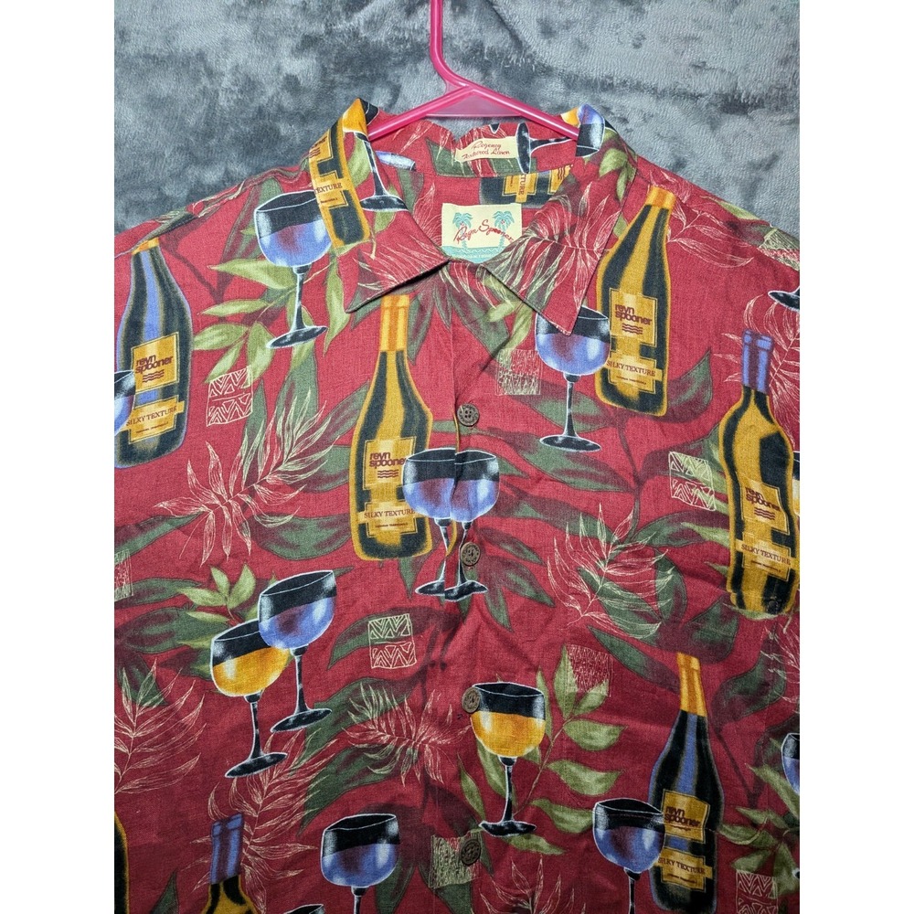 Reyn Spooner Mens Small Wine Bottle Print 100% Linen Hawaiian Shirt Red Regency - Picture 2 of 7